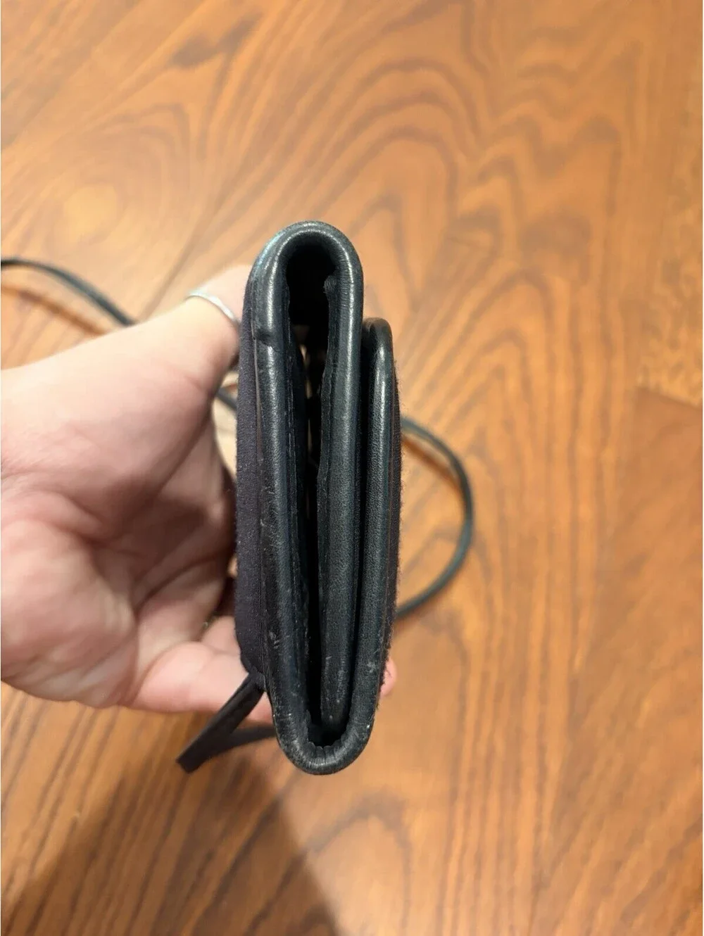 Coach Swing Wallet Purse Black Leather Trim Small Trifold Crossbody Strap